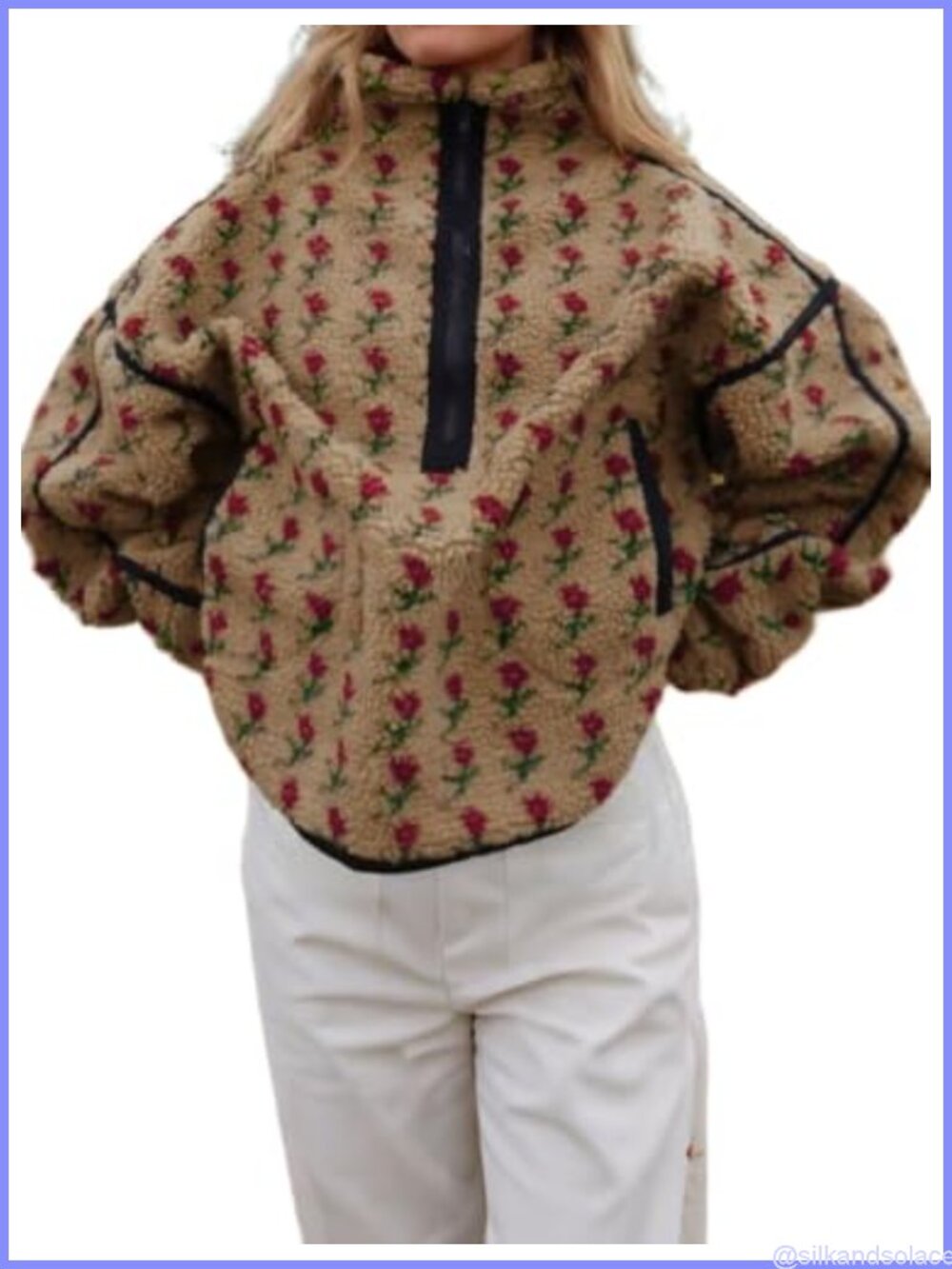 Floral Fleece Jacket Half Zip Sherpa Sweatshirt Coat Oversized